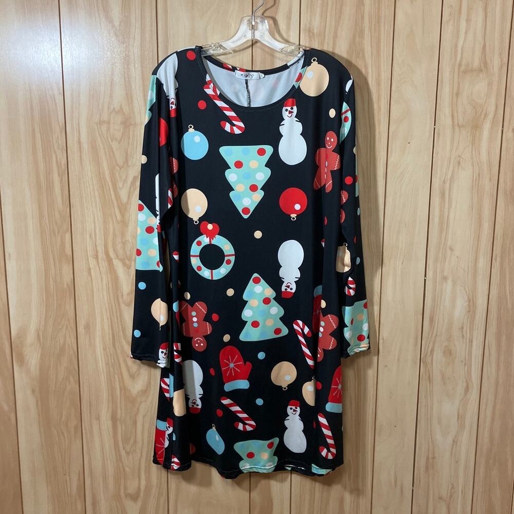 Retro Christmas Novelty Midi Shift Dress Cotton Blend Long Sleeve Snowman 2XL